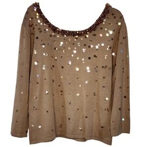 Talbots Petites Sequin Embellished Knit Top Brown Crew Neck Long Sleeve LP EUC
